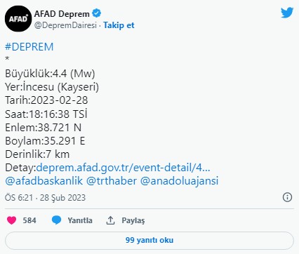 Kayseri İncesu'da 4.4 büyüklüğünde deprem